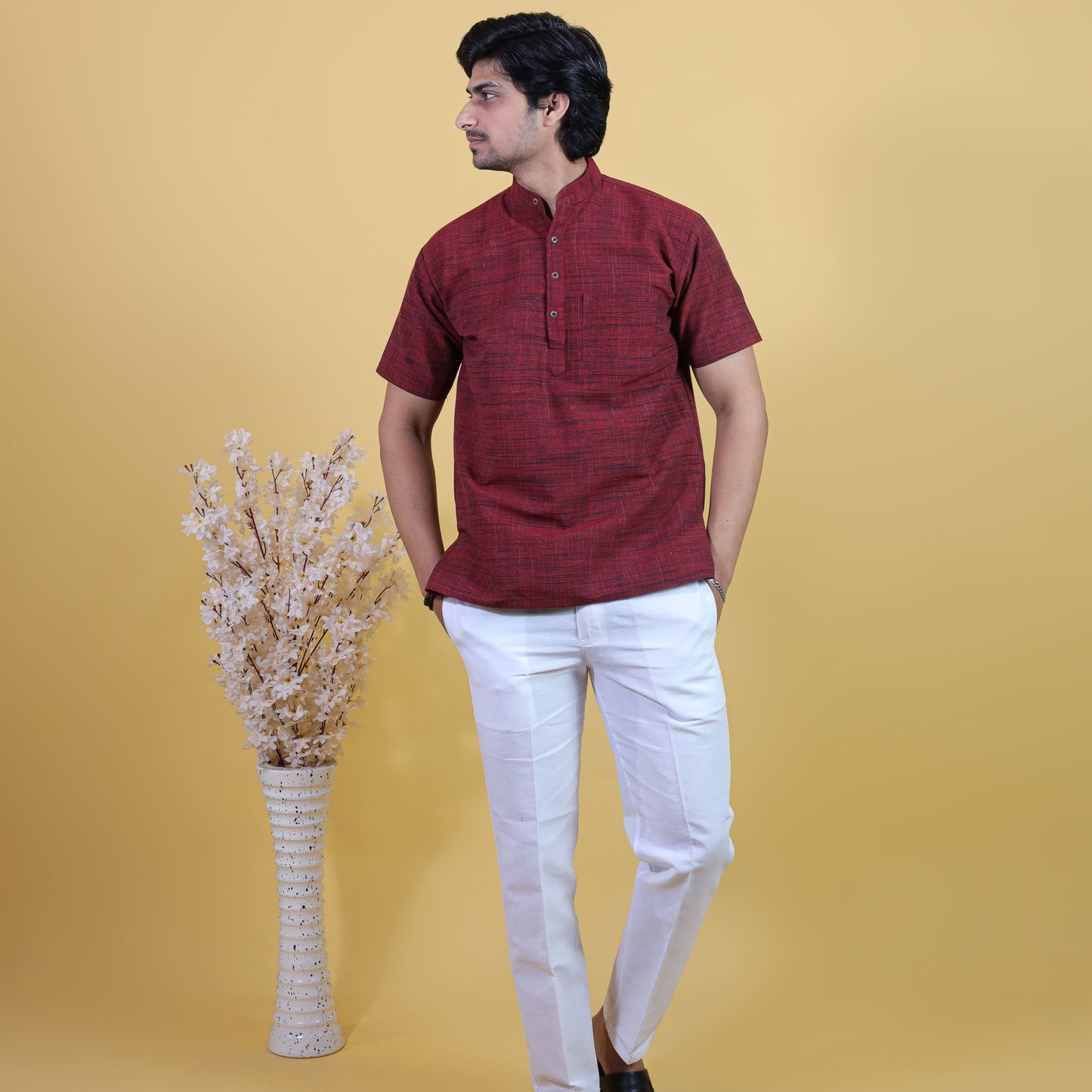 Combo Set Dark Jharna Half Sleeves Short Kurta Pant-Red