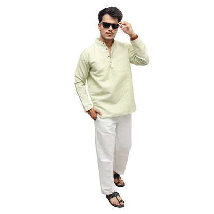 Golden Striped Full Sleeves Short Kurta-Green