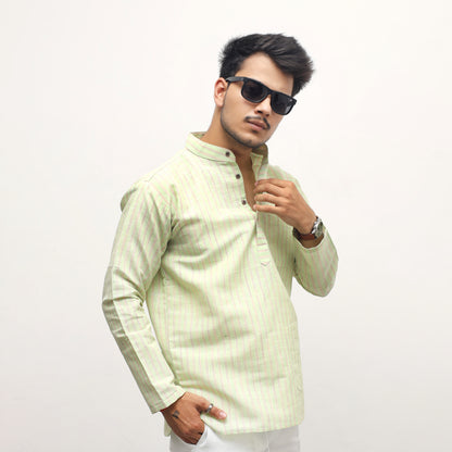 Golden Striped Full Sleeves Short Kurta-Green