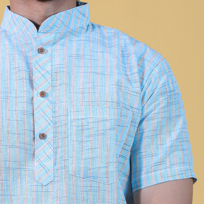 Combo Set Golden Striped Half Sleeves Short Kurta Pant-Blue