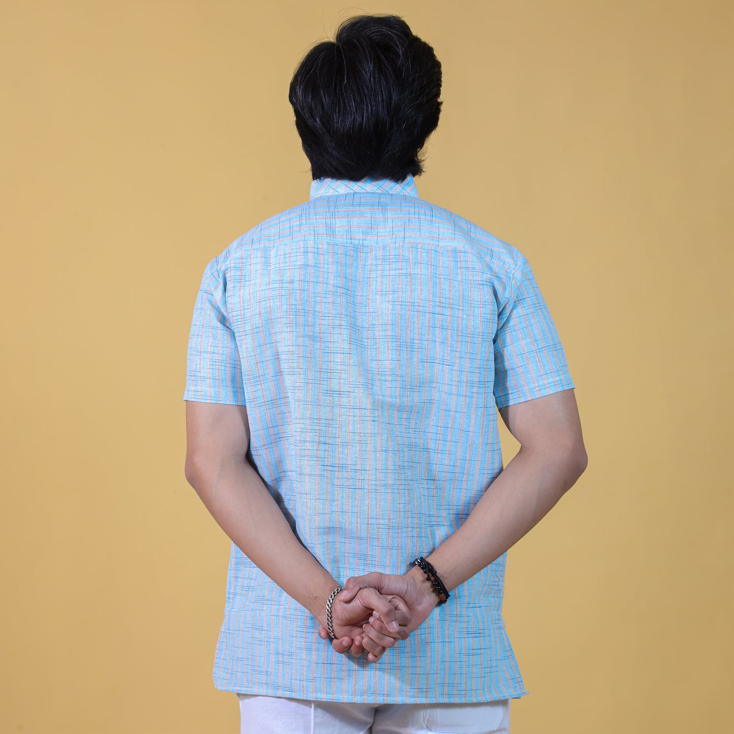 Combo Set Golden Striped Half Sleeves Short Kurta Pant-Blue