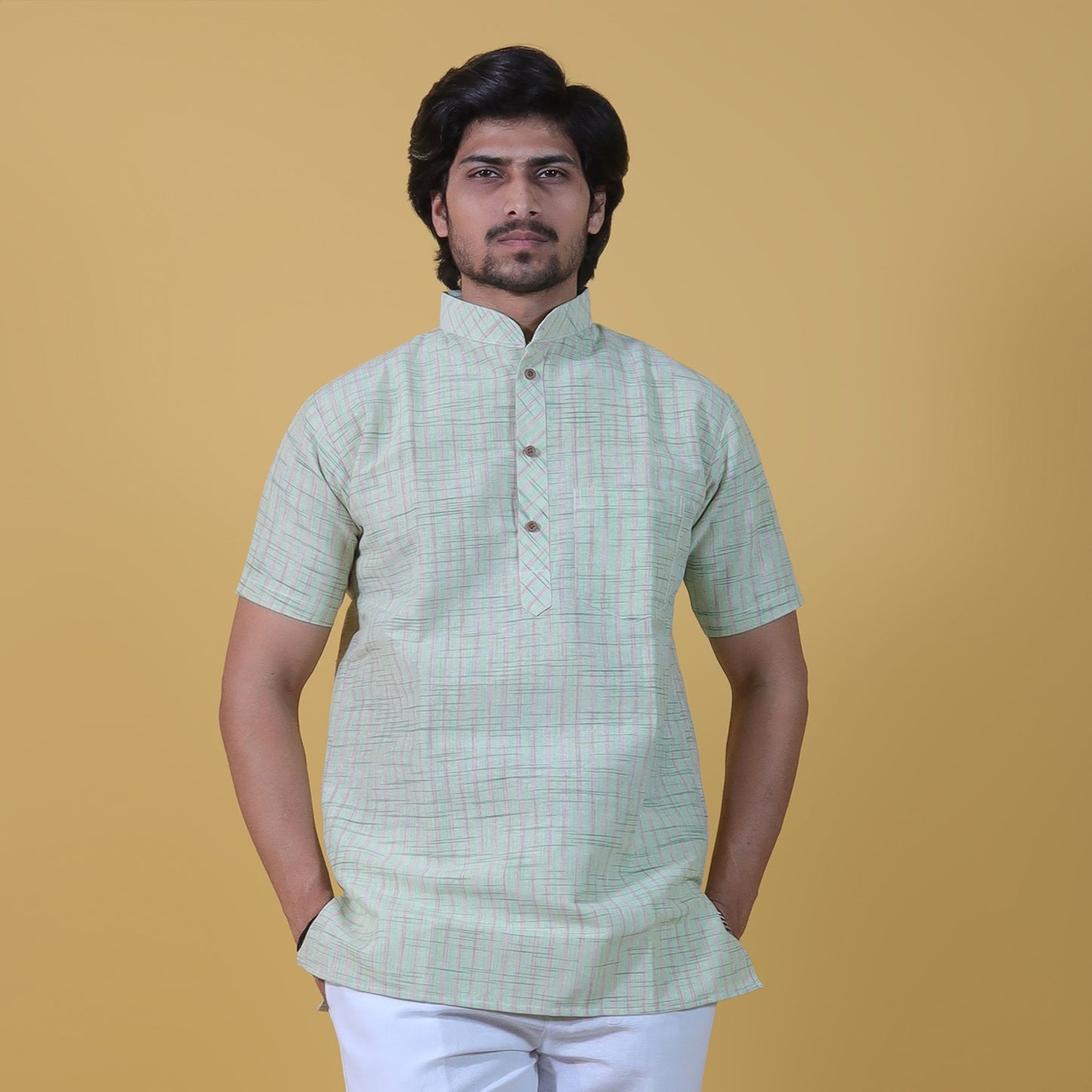 Combo Set Golden Striped Half Sleeves Short Kurta Pant-Green