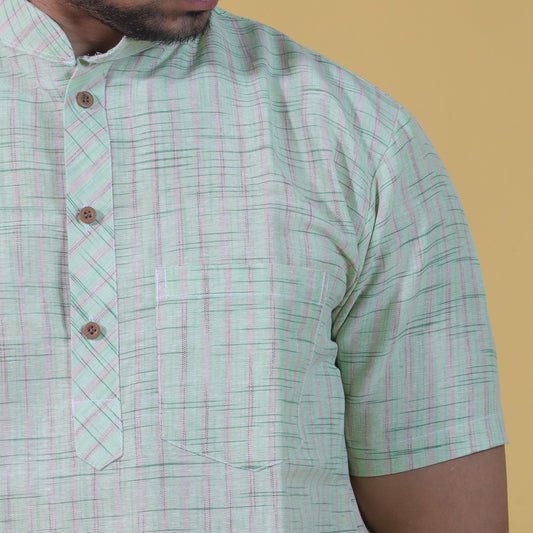 Golden Striped Half Sleeves Short Kurta-Green
