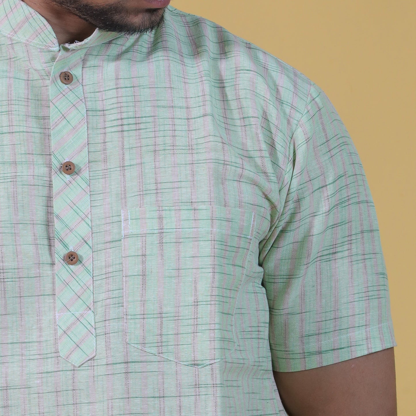 Combo Set Golden Striped Half Sleeves Short Kurta Pant-Green