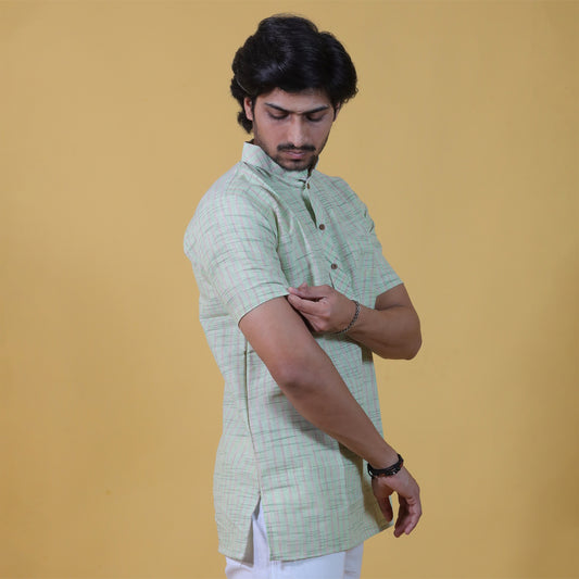 Golden Striped Half Sleeves Short Kurta-Green