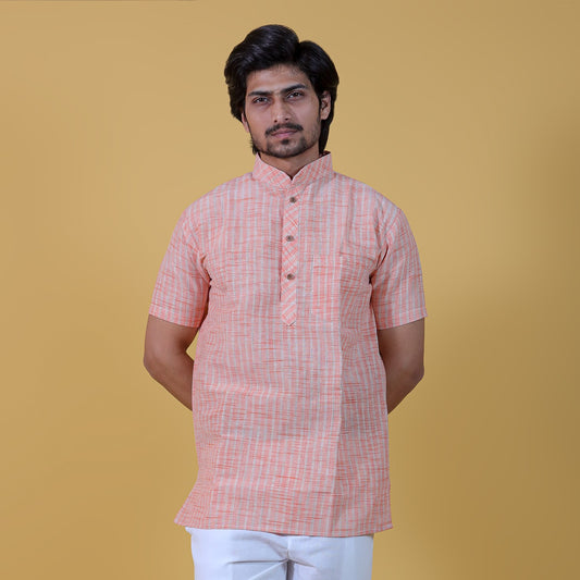Golden Striped Half Sleeves Short Kurta-Orange