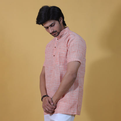 Combo Set Golden Striped Half Sleeves Short Kurta Pant-Orange