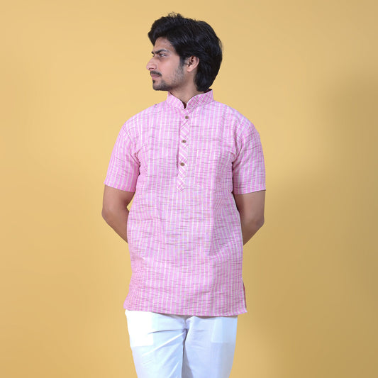 Golden Striped Half Sleeves Short Kurta-Pink