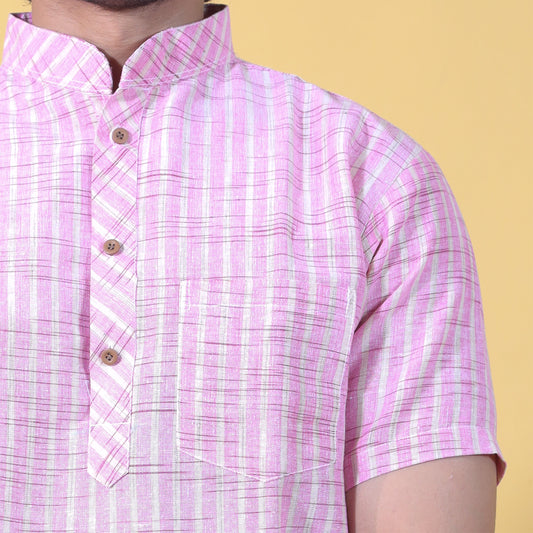 Golden Striped Half Sleeves Short Kurta-Pink