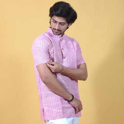 Combo Set Golden Striped Half Sleeves Short Kurta Pant-Pink