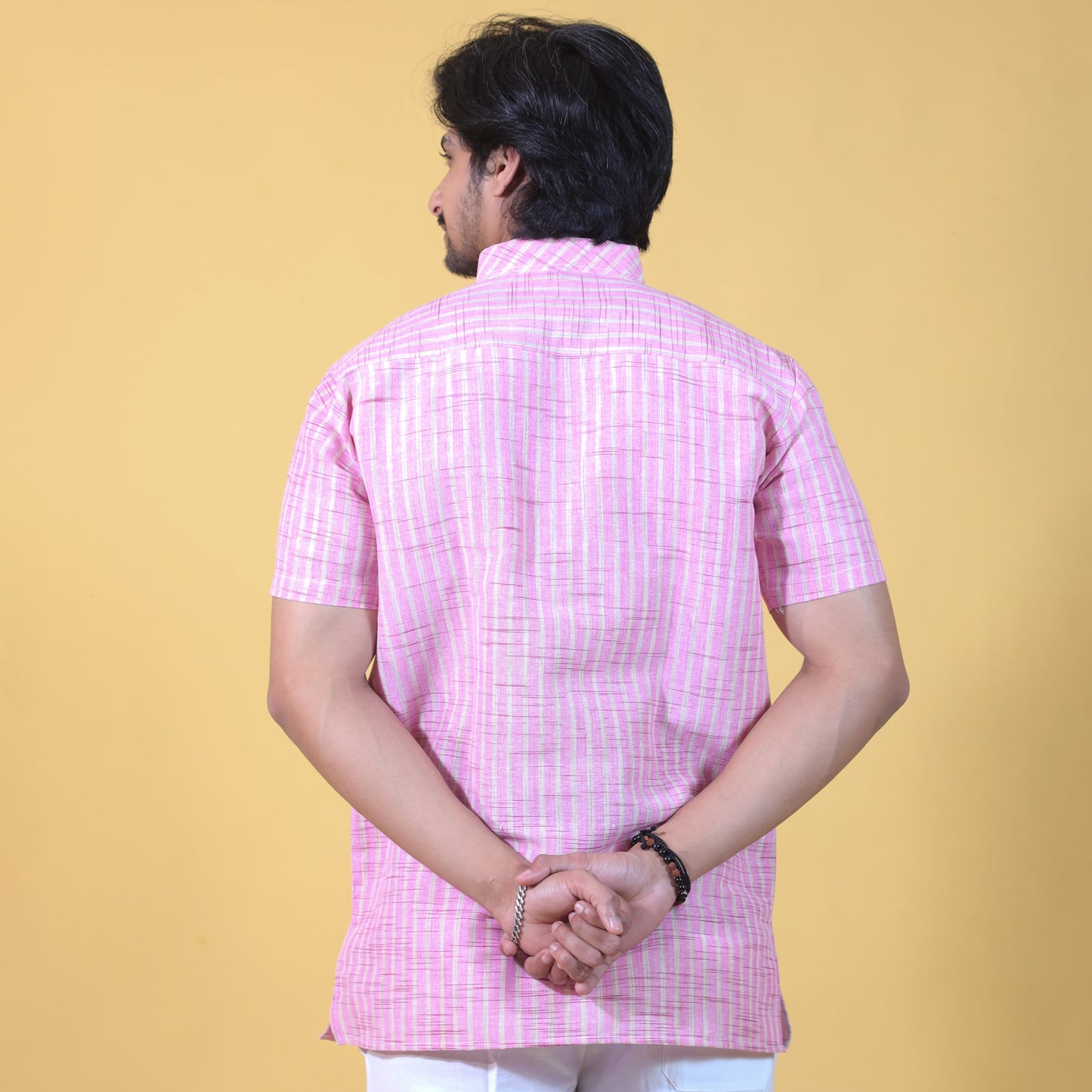 Combo Set Golden Striped Half Sleeves Short Kurta Pant-Pink