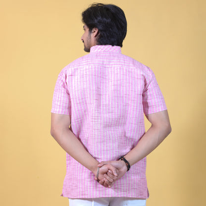 Combo Set Golden Striped Half Sleeves Short Kurta Pant-Pink