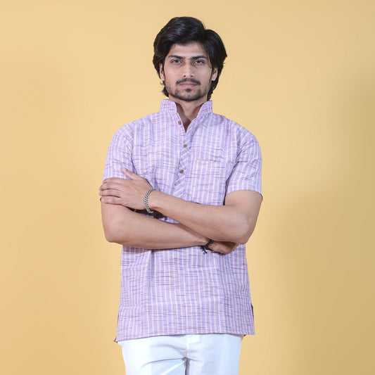 Golden Striped Half Sleeves Short Kurta-Purple