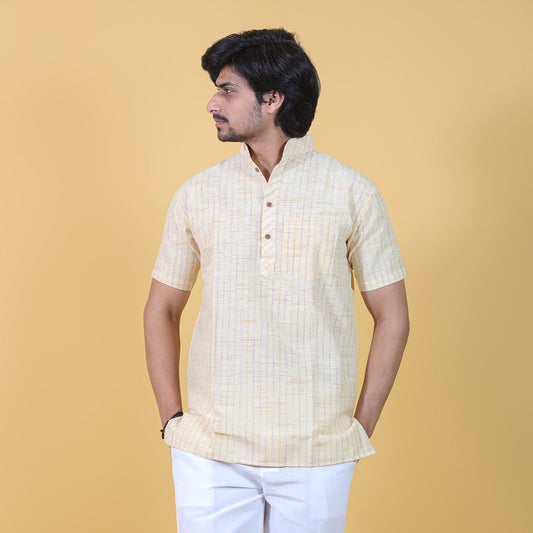 Golden Striped Half Sleeves Short Kurta-Yellow