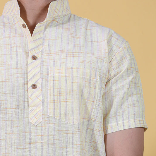 Golden Striped Half Sleeves Short Kurta-Yellow