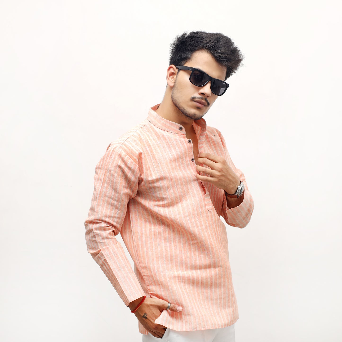 Golden Striped Full Sleeves Short Kurta-Orange