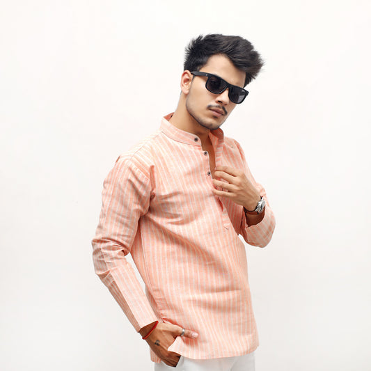 Golden Striped Full Sleeves Short Kurta-Orange