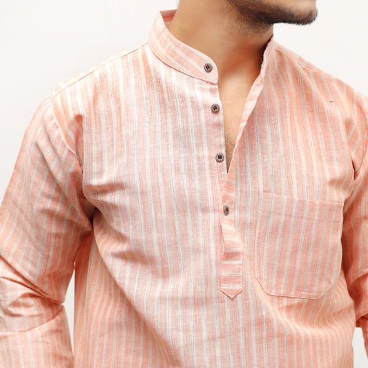 Golden Striped Full Sleeves Short Kurta-Orange