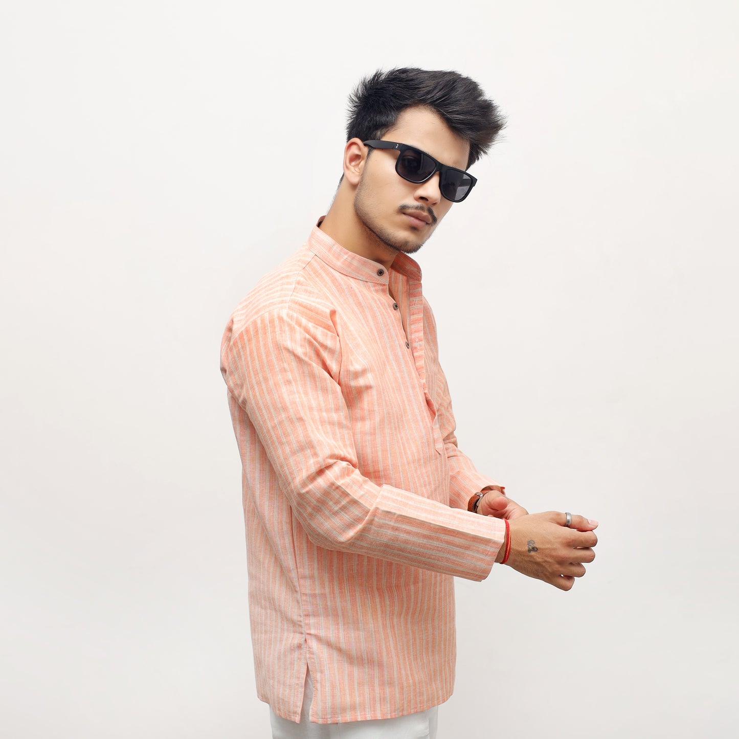 Golden Striped Full Sleeves Short Kurta-Orange