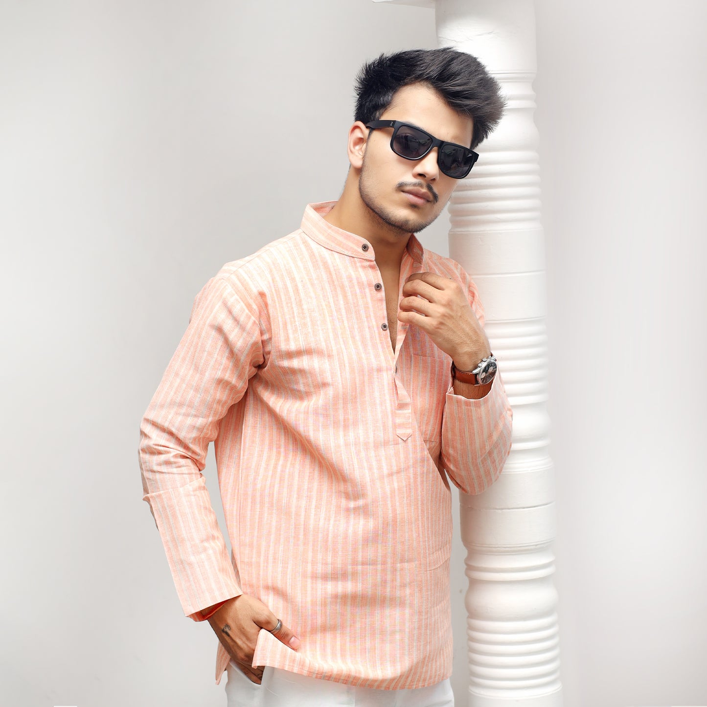 Golden Striped Full Sleeves Short Kurta-Orange