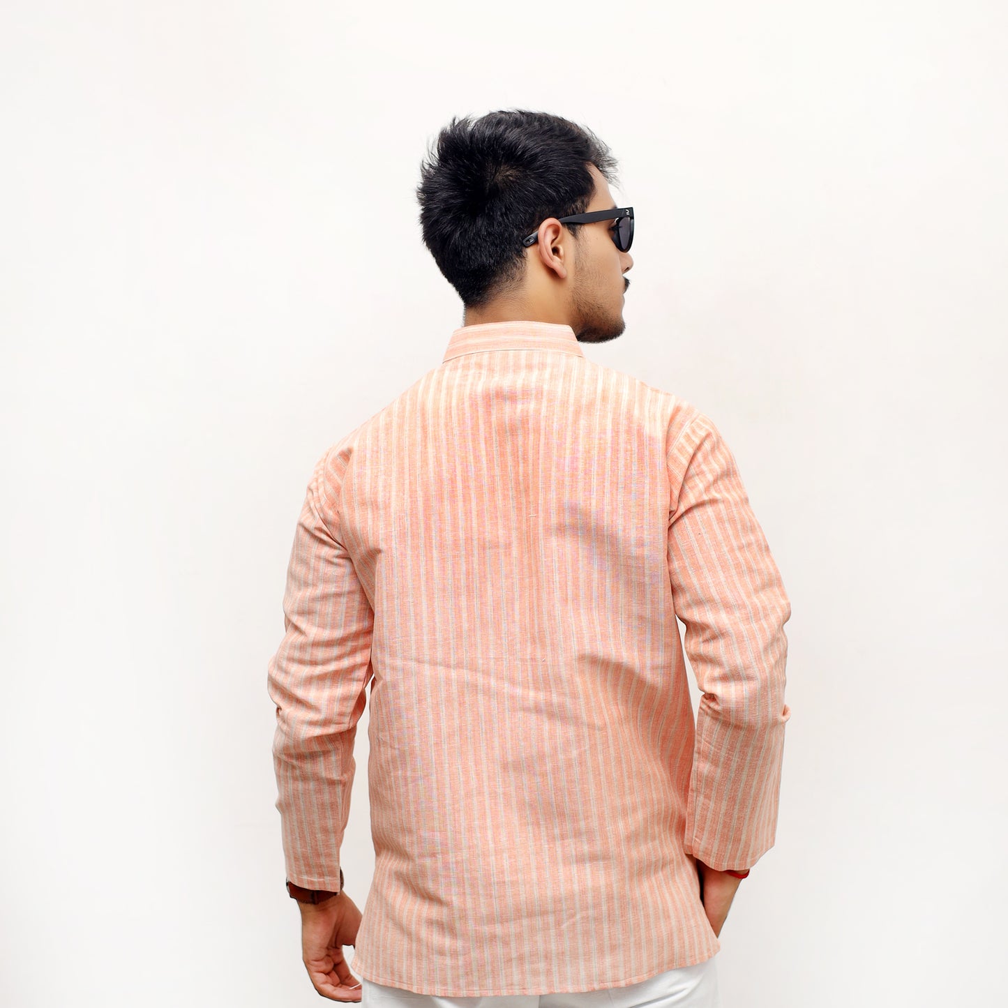 Golden Striped Full Sleeves Short Kurta-Orange