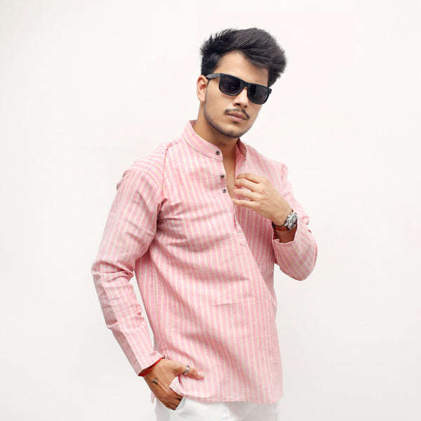 Golden Striped Full Sleeves Short Kurta-Pink