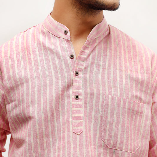 Golden Striped Full Sleeves Short Kurta-Pink