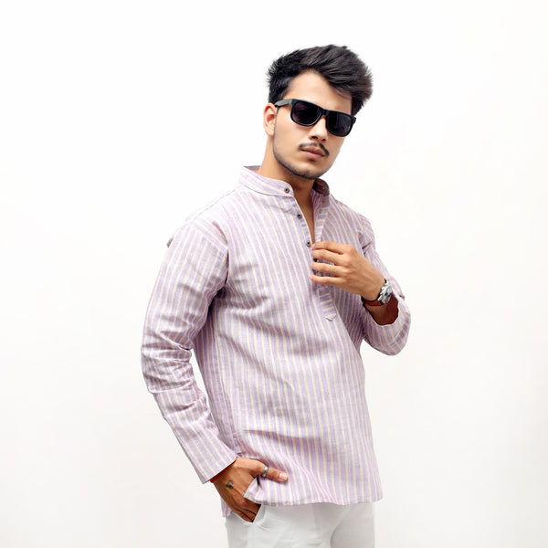 Golden Striped Full Sleeves Short Kurta-Purple