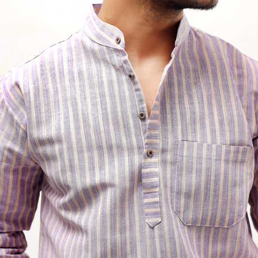 Golden Striped Full Sleeves Short Kurta-Purple
