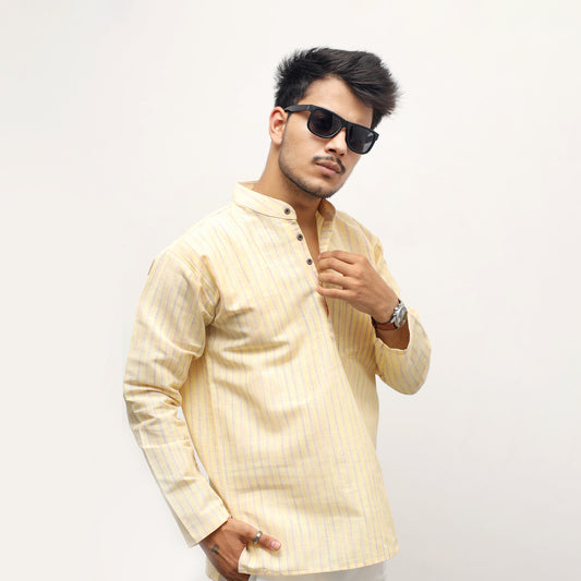 Golden Striped Full Sleeves Short Kurta-Yellow