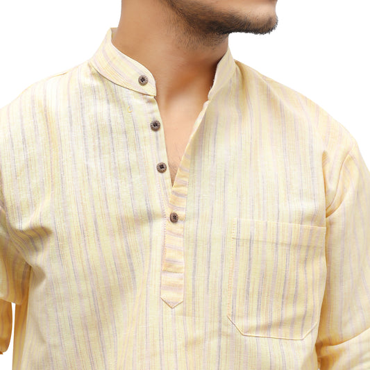 Golden Striped Full Sleeves Short Kurta-Yellow