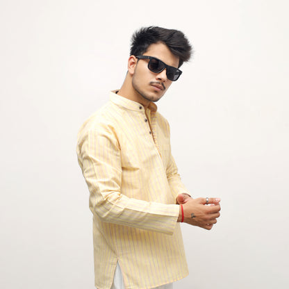Combo Set Golden Striped Full Sleeves Short Kurta-Yellow