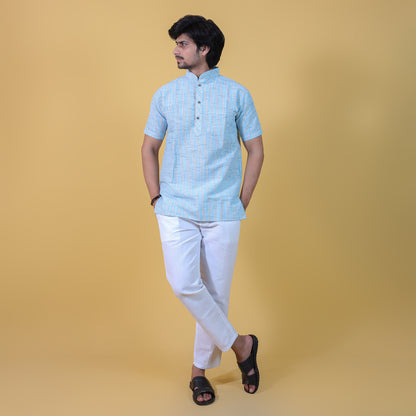 Combo Set Golden Striped Half Sleeves Short Kurta Pant-Blue