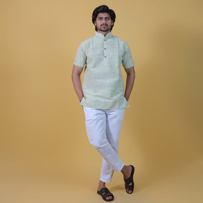 Combo Set Golden Striped Half Sleeves Short Kurta Pant-Green