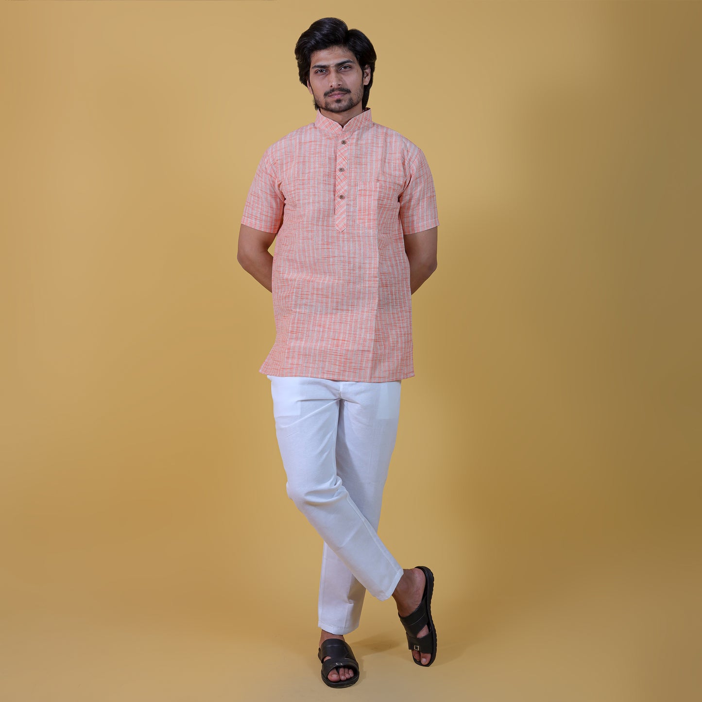 Combo Set Golden Striped Half Sleeves Short Kurta Pant-Orange