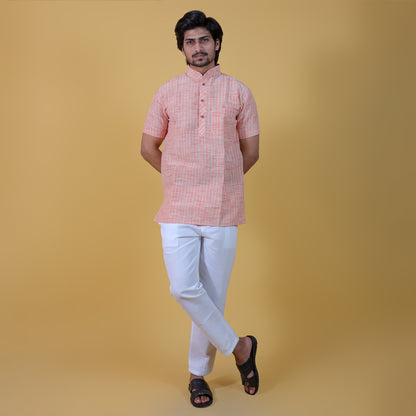 Combo Set Golden Striped Half Sleeves Short Kurta Pant-Orange