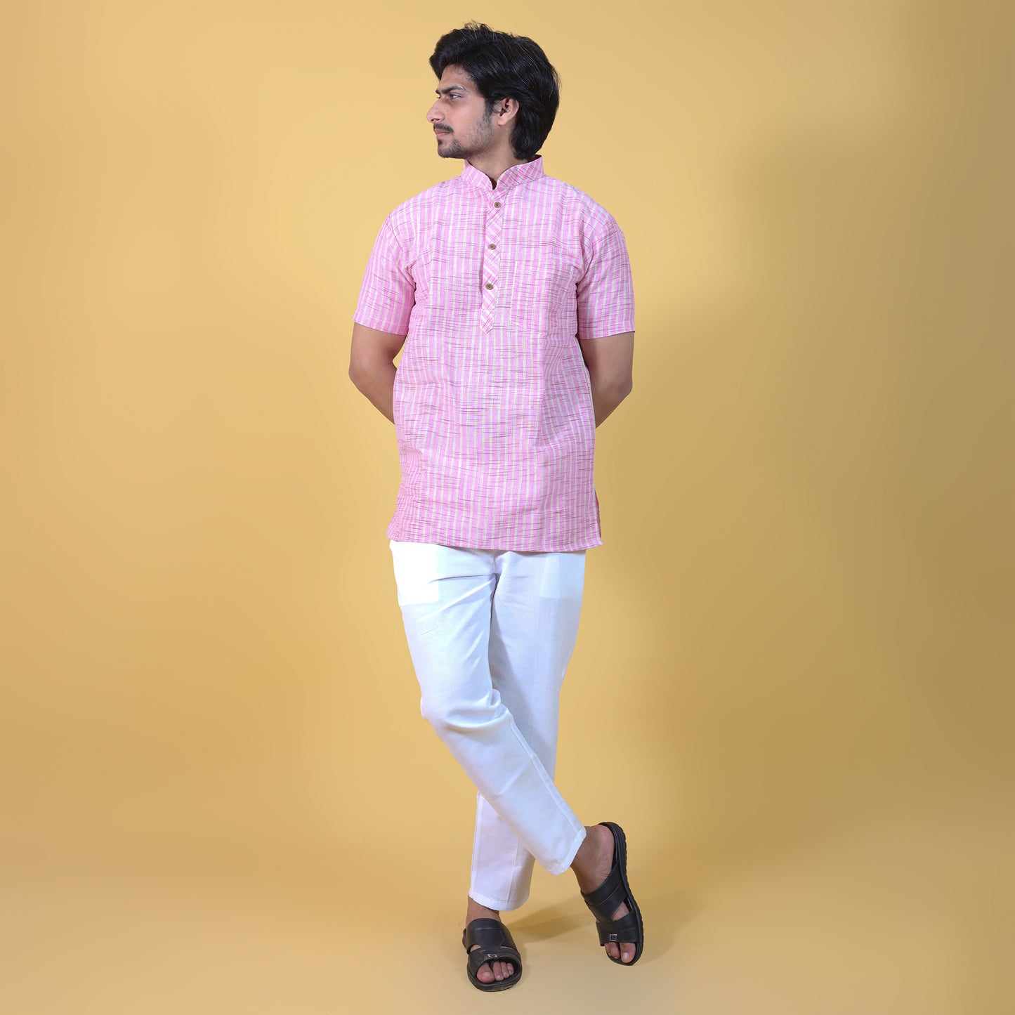 Combo Set Golden Striped Half Sleeves Short Kurta Pant-Pink