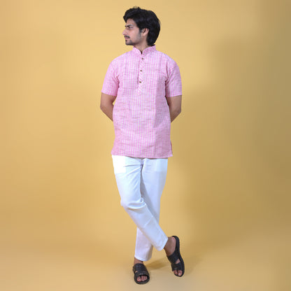 Combo Set Golden Striped Half Sleeves Short Kurta Pant-Pink