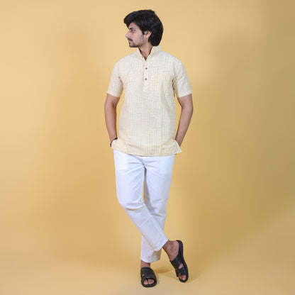 Combo Set Golden Striped Half Sleeves Short Kurta Pant-Yellow