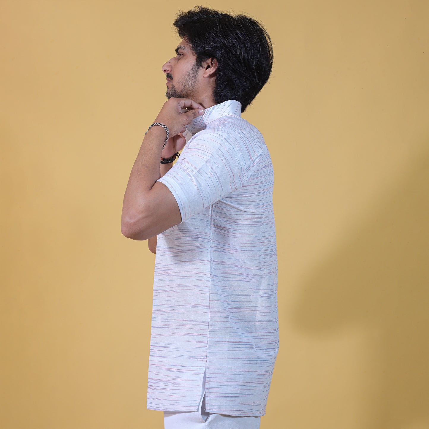 Horizontal Jharna Half Sleeves Short Kurta- Sky Blue