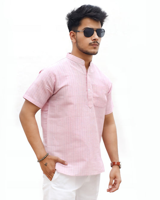 KHADI PINK SHORT KURTA HALF SLEEVES