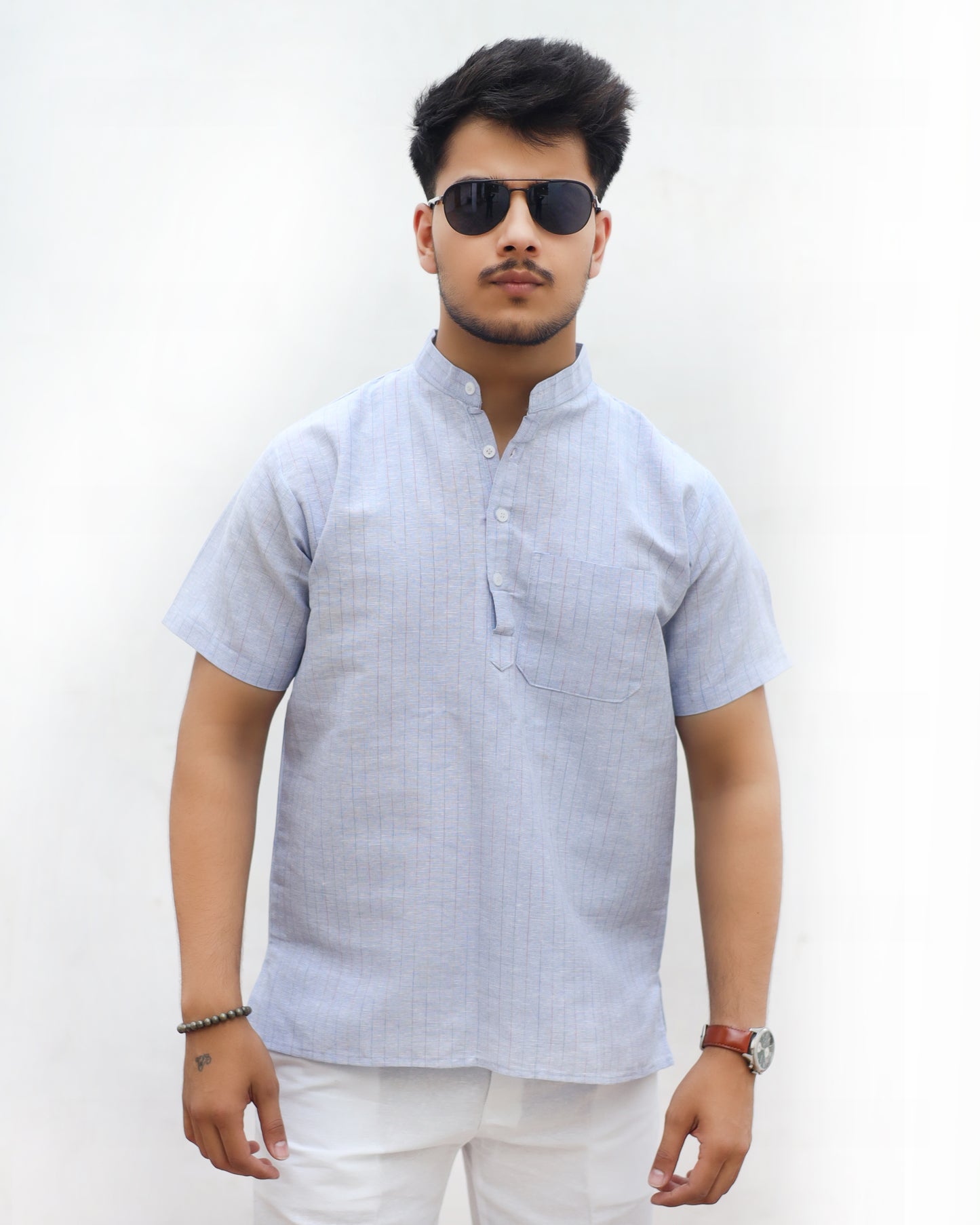 KHADI BLUE SHORT KURTA HALF SLEEVES