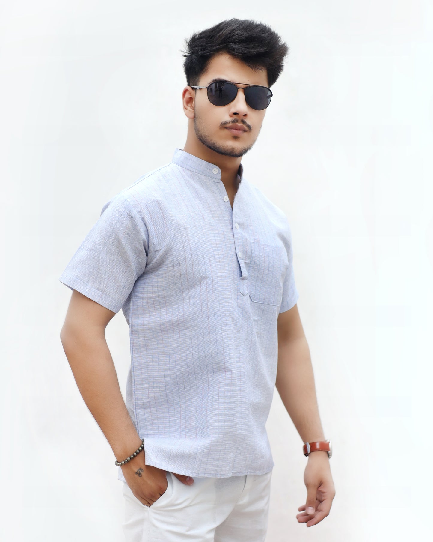 KHADI BLUE SHORT KURTA HALF SLEEVES