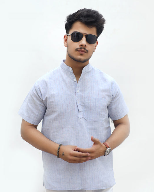 KHADI BLUE SHORT KURTA HALF SLEEVES
