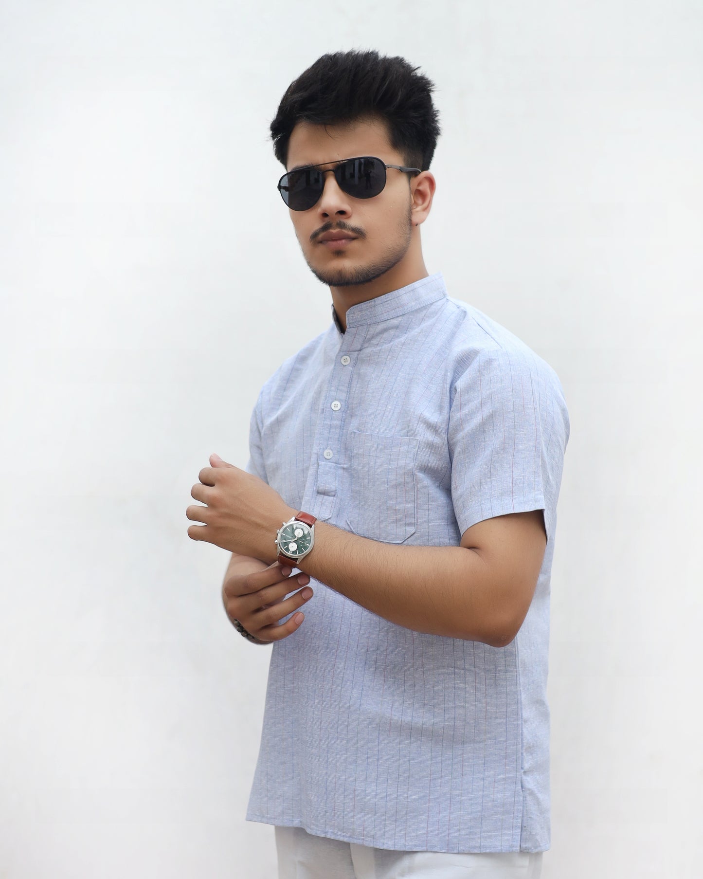 KHADI BLUE SHORT KURTA HALF SLEEVES