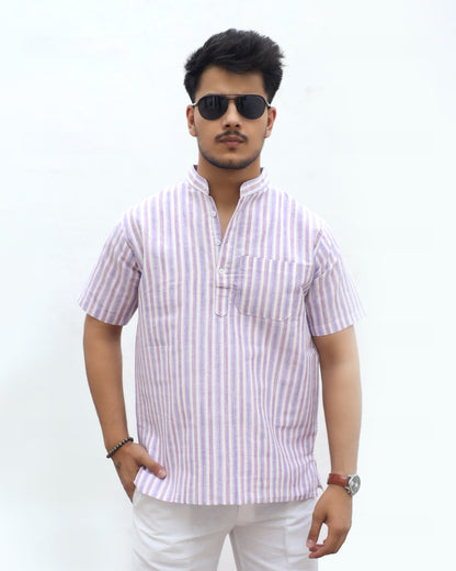 White Striped Half Sleeves Short Kurta-Purple