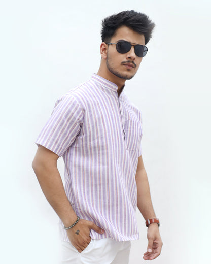White Striped Half Sleeves Short Kurta-Purple