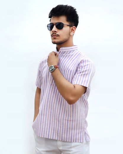 White Striped Half Sleeves Short Kurta-Purple