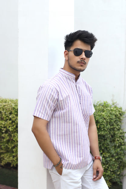 White Striped Half Sleeves Short Kurta-Purple