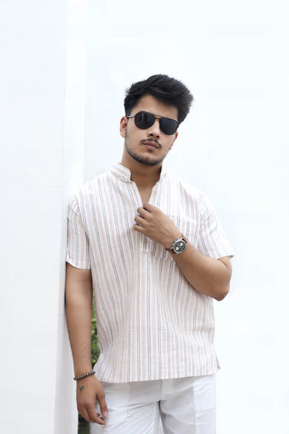 White Striped Half Sleeves Short Kurta-Skin